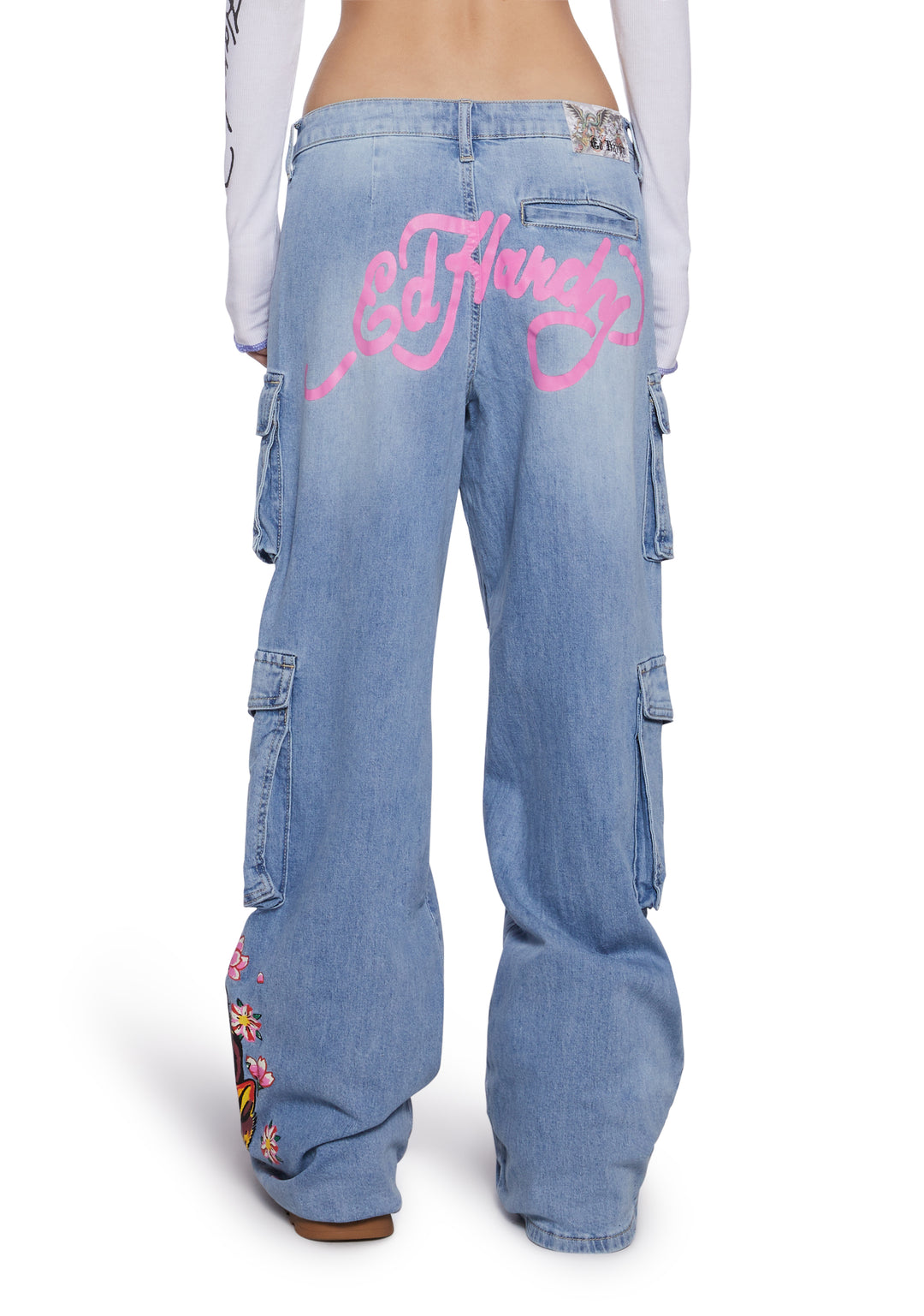 Ed Hardy Tiger Flowers Denim Wide Leg Cargo Jeans - Light Blue