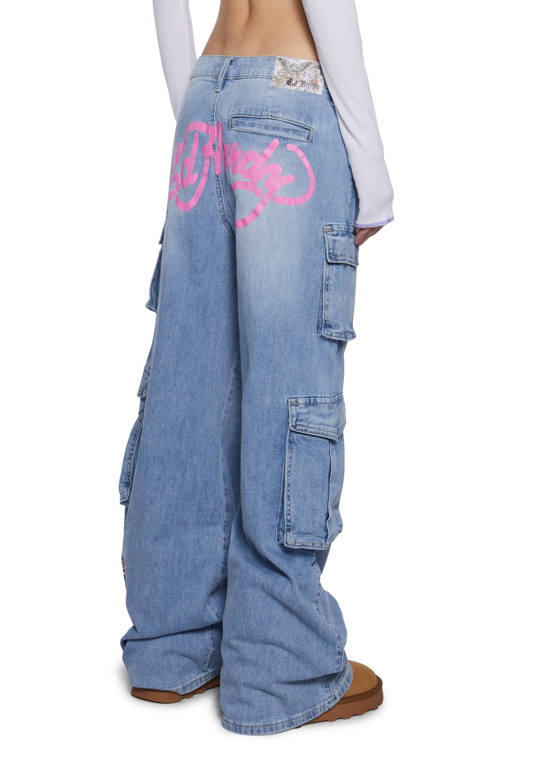 Ed Hardy Tiger Flowers Denim Wide Leg Cargo Jeans - Light Blue - Image 4