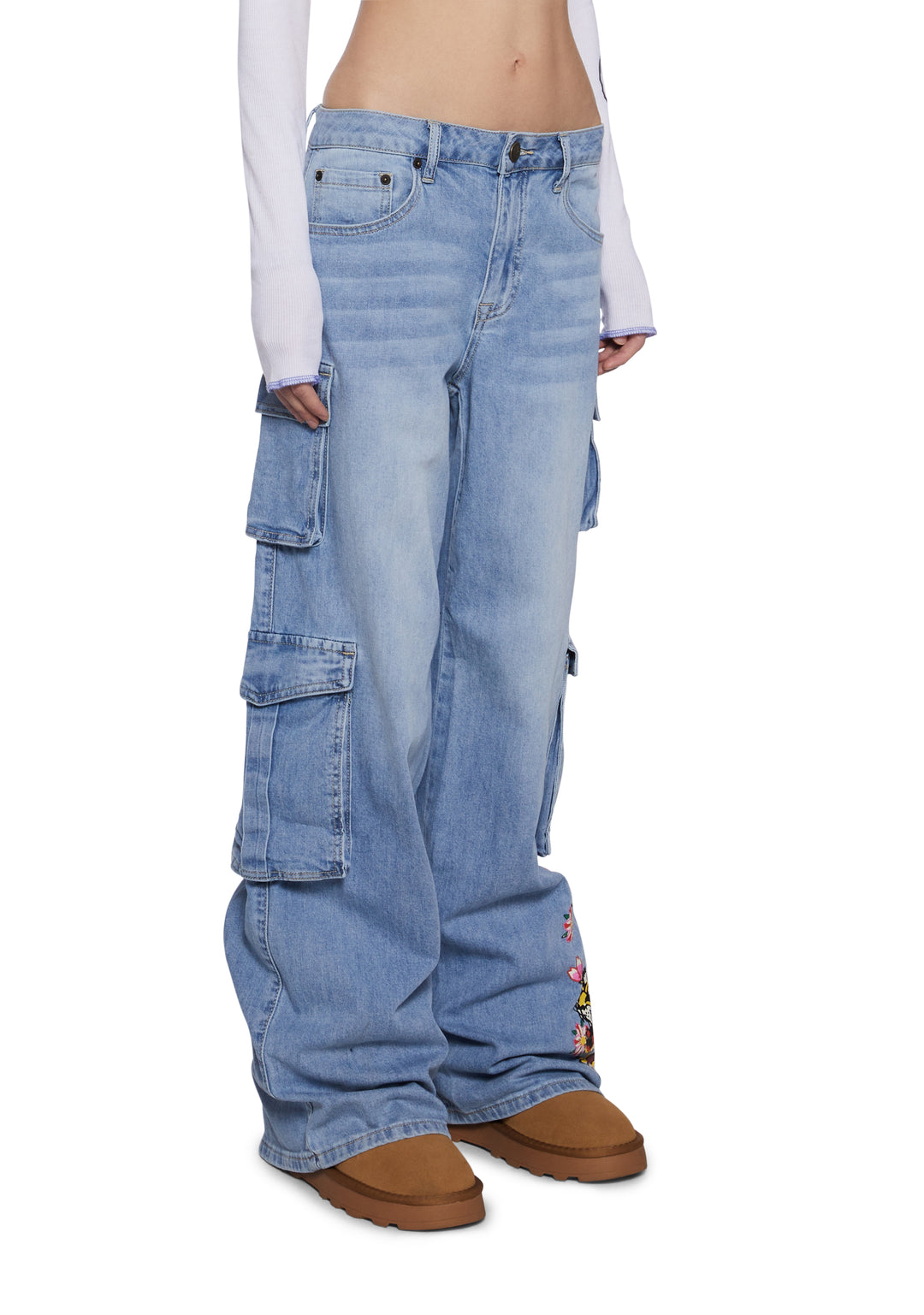 Ed Hardy Tiger Flowers Denim Wide Leg Cargo Jeans - Light Blue - Image 3