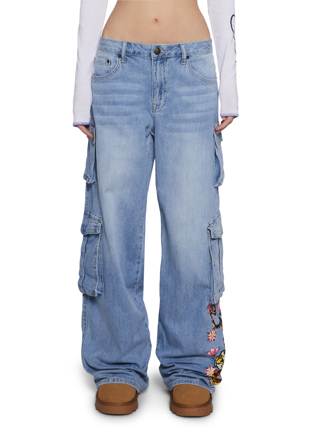 Ed Hardy Tiger Flowers Denim Wide Leg Cargo Jeans - Light Blue - Image 6