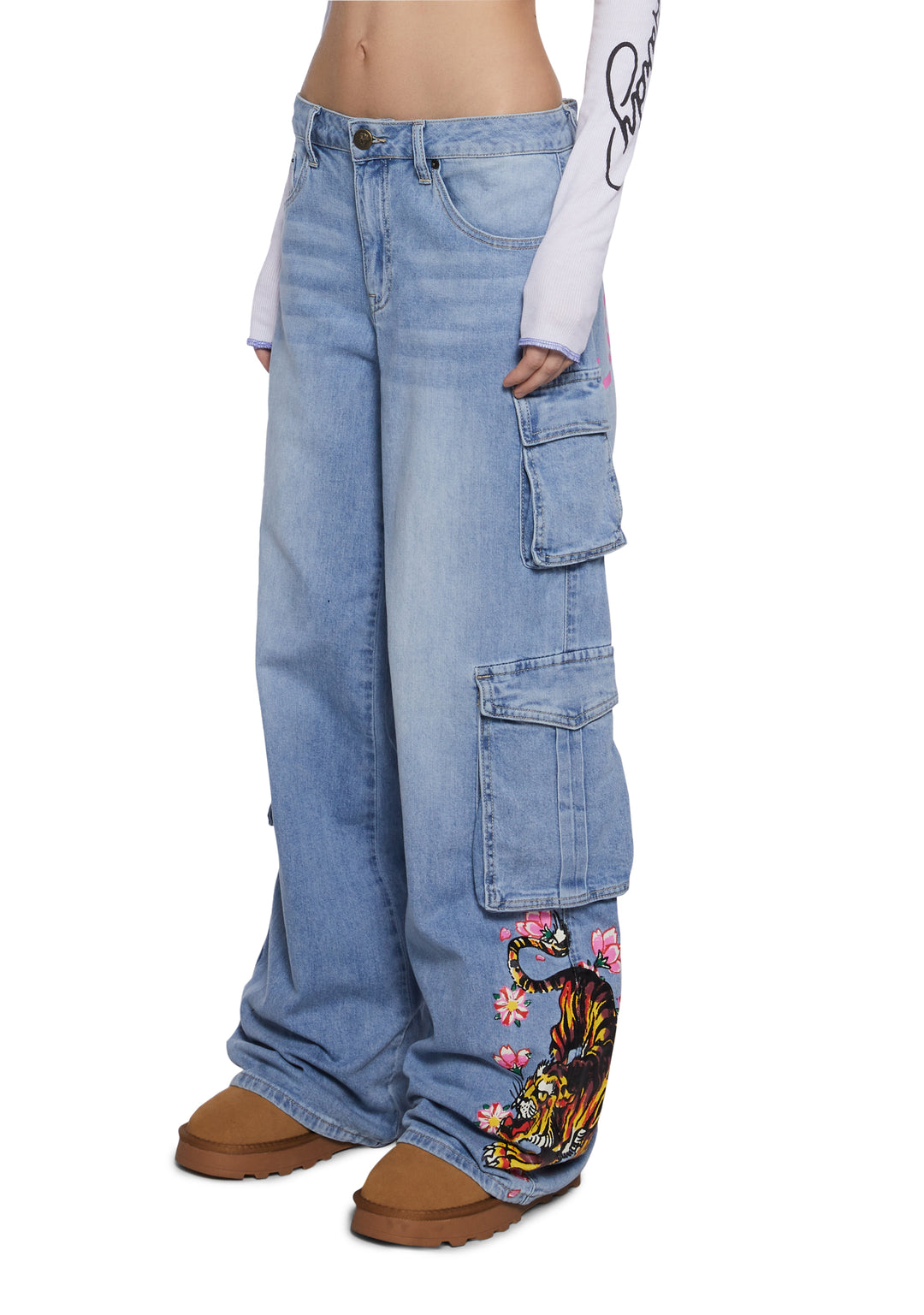 Ed Hardy Tiger Flowers Denim Wide Leg Cargo Jeans - Light Blue - Image 5