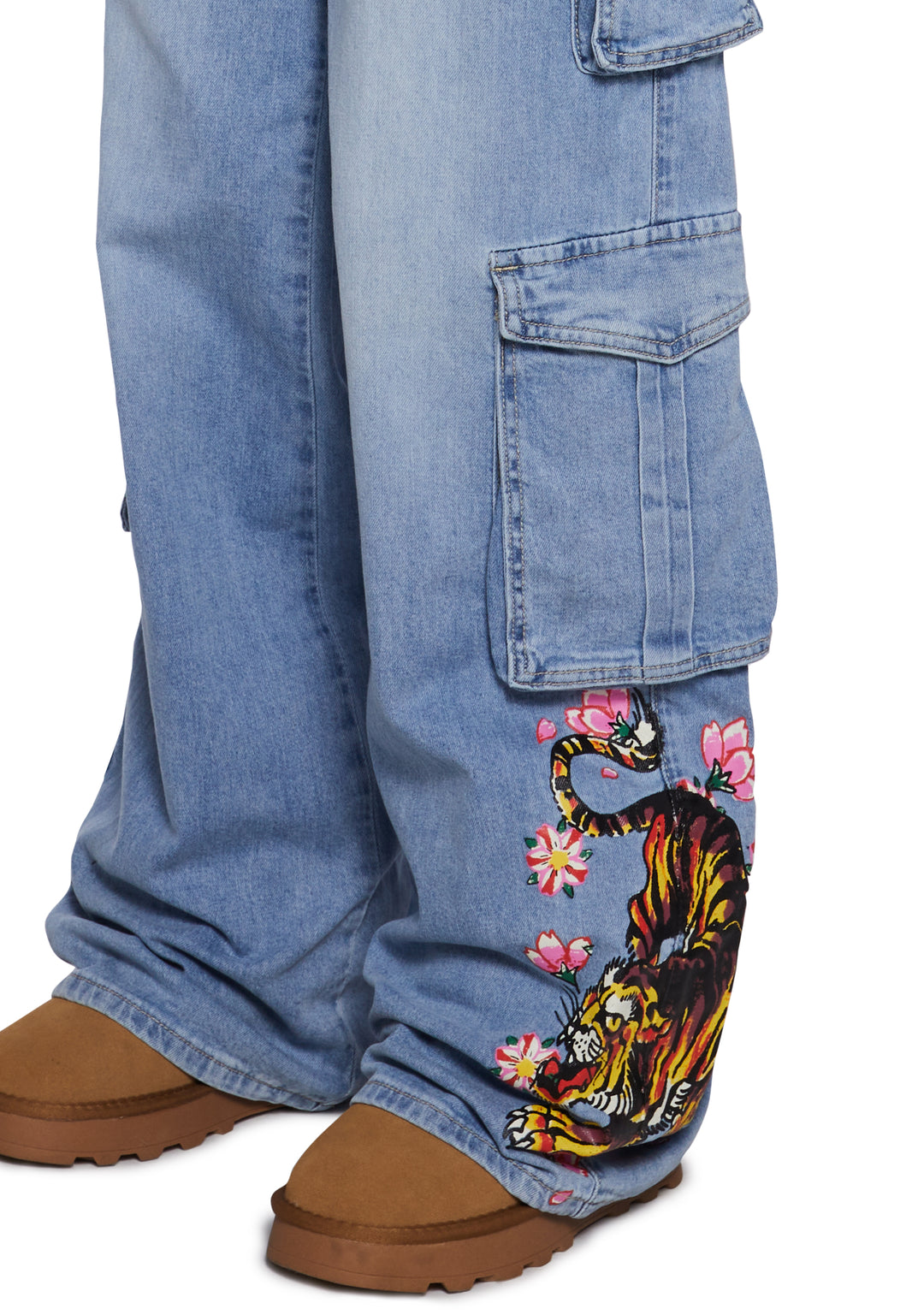 Ed Hardy Tiger Flowers Denim Wide Leg Cargo Jeans - Light Blue - Image 7