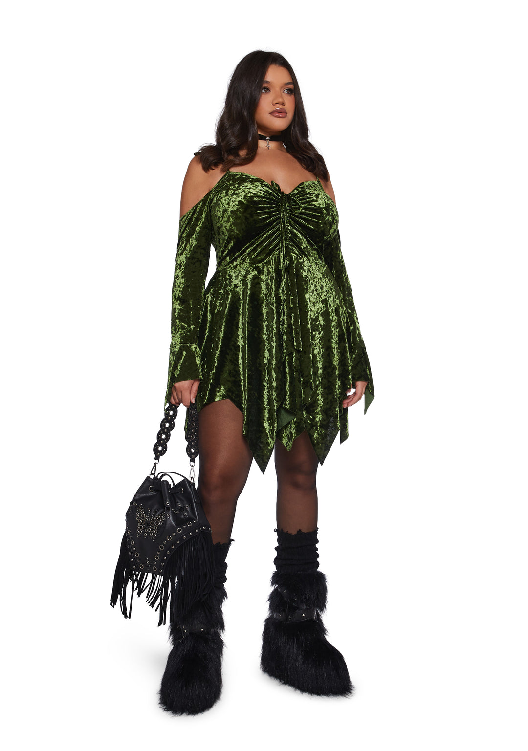 Plus Size Off The Shoulder Handkerchief Velvet Mini Dress Current Mood - Green - Image 2