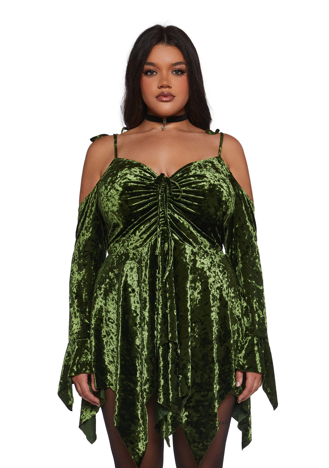 Plus Size Off The Shoulder Handkerchief Velvet Mini Dress Current Mood - Green