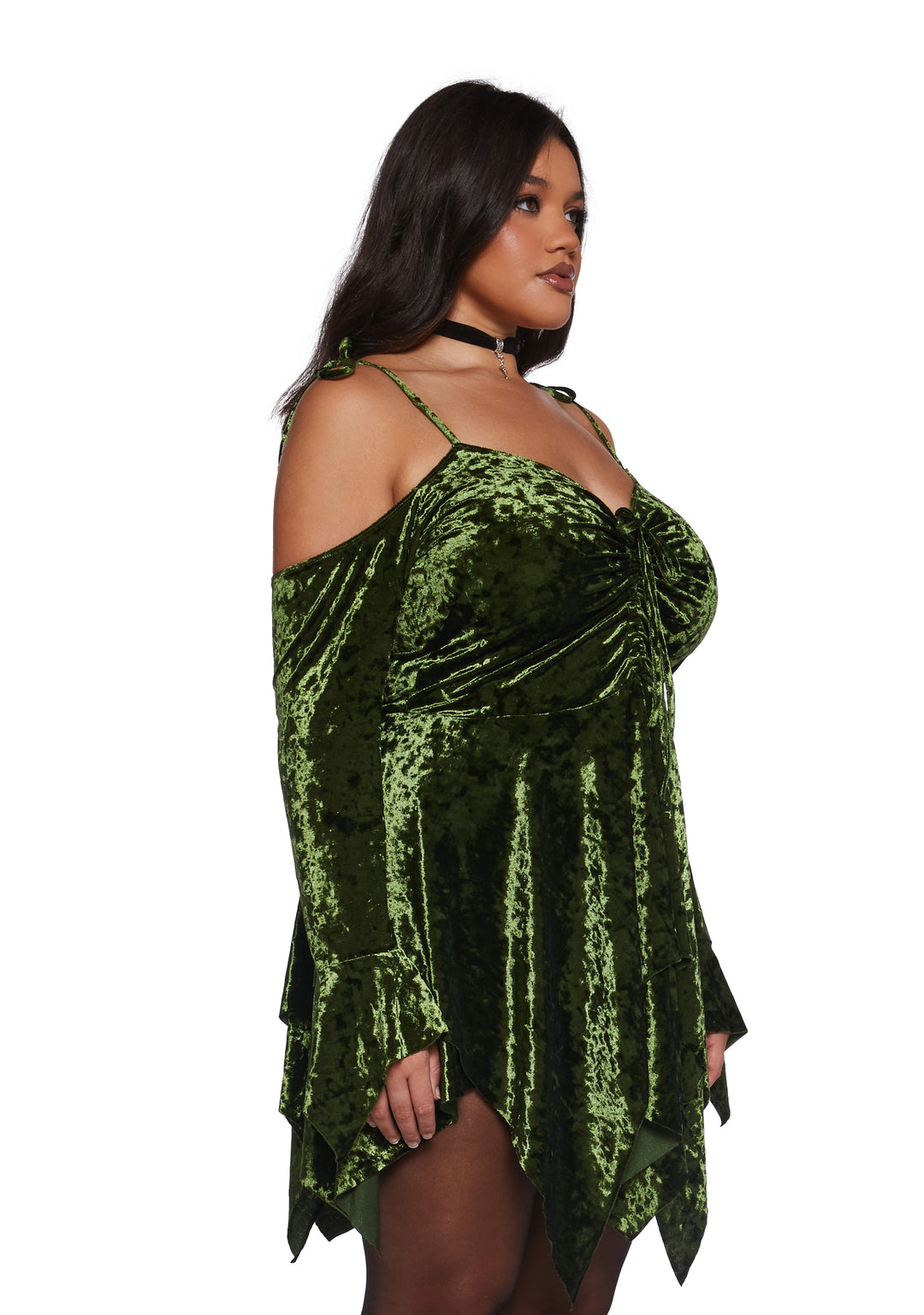Plus Size Off The Shoulder Handkerchief Velvet Mini Dress Current Mood - Green - Image 3