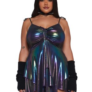 Plus Size Rave Fairycore Festival Fairy Metallic Holo Oil Slick Handkerchief Dress Club Exx - Multi