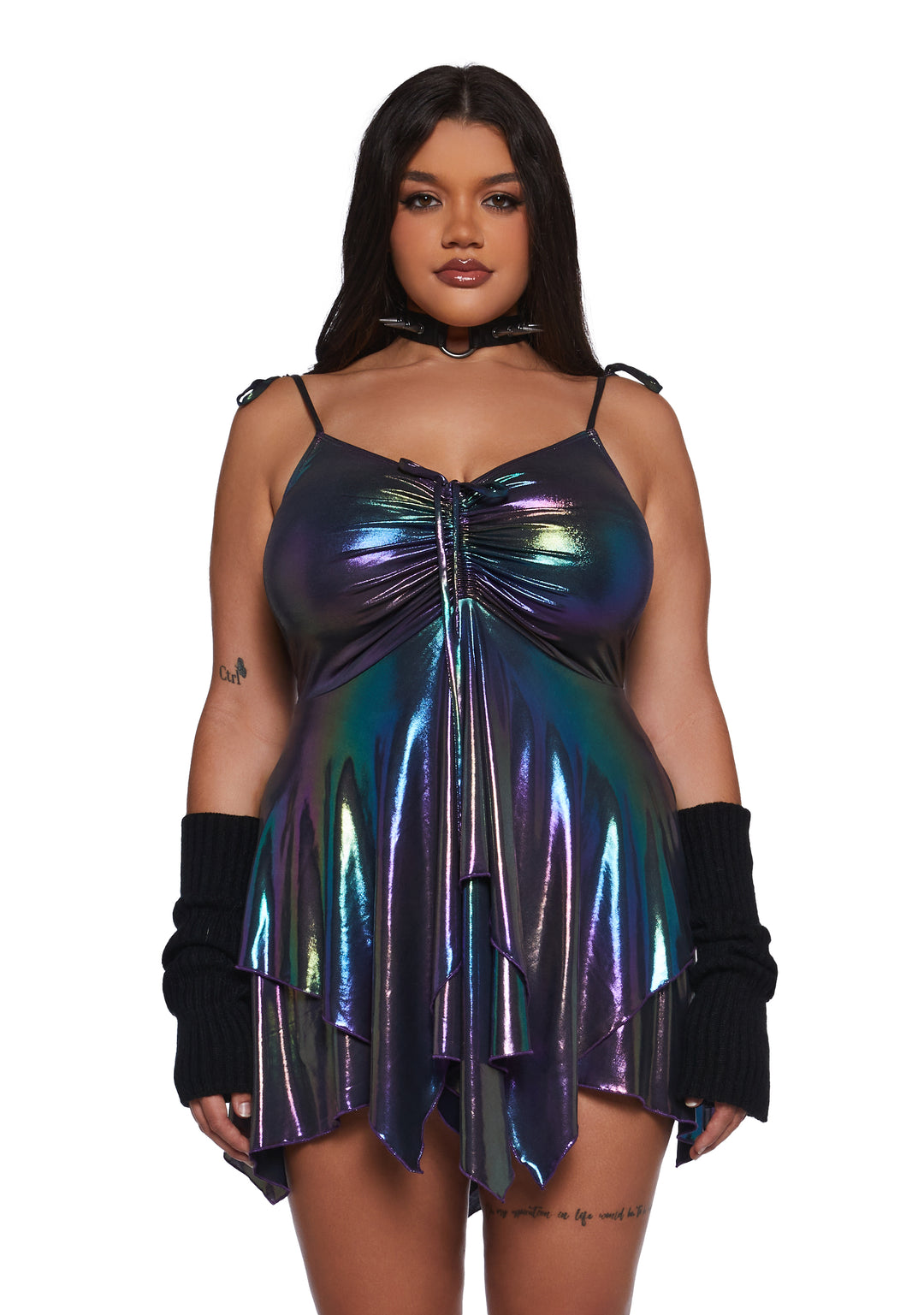 Plus Size Rave Fairycore Festival Fairy Metallic Holo Oil Slick Handkerchief Dress Club Exx - Multi