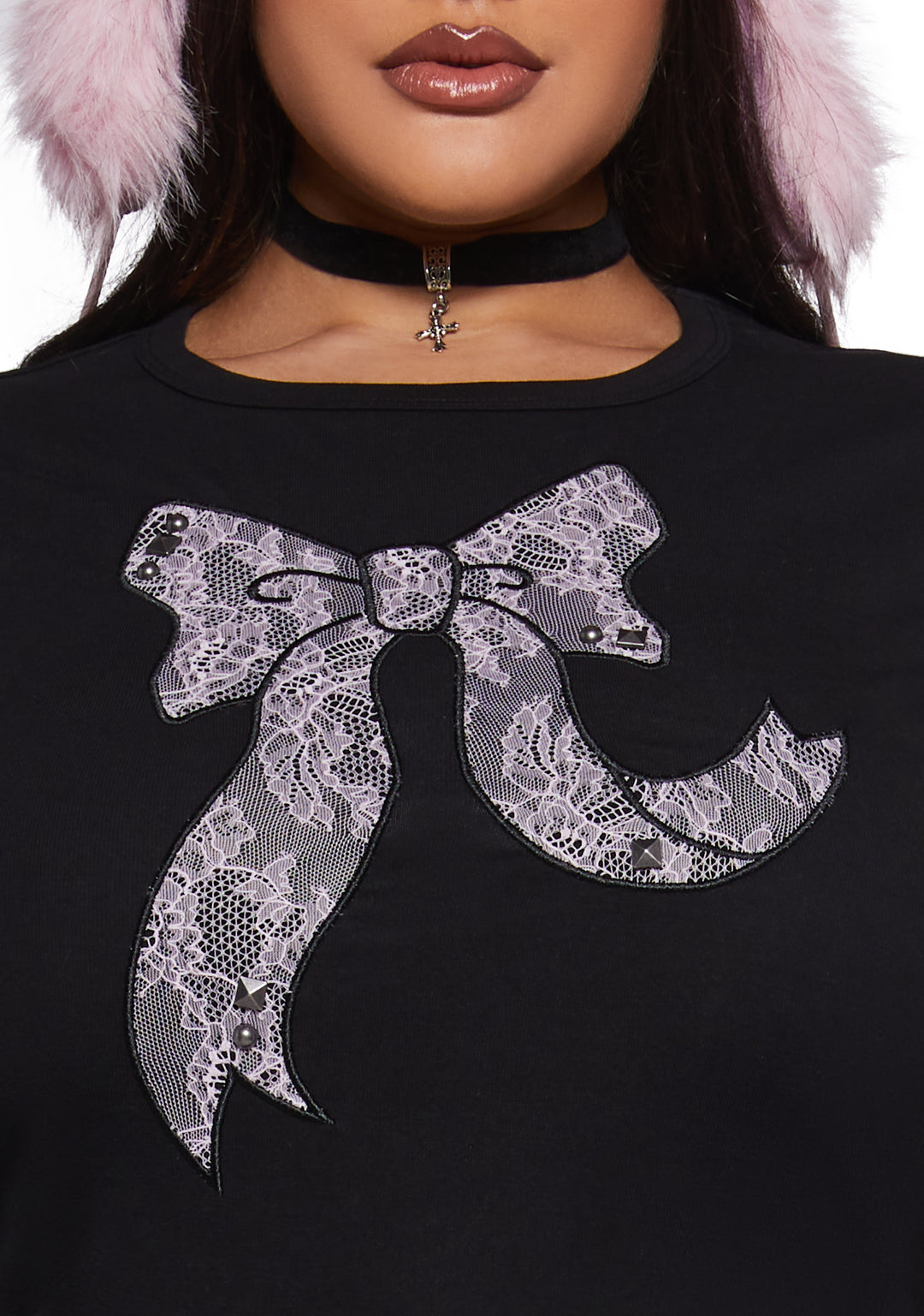 Plus Size Punquetee Punk Rock Stretchy Knit Textured Lace Bow Short Sleeve Graphic Print Tee Current Mood - Black - Image 5