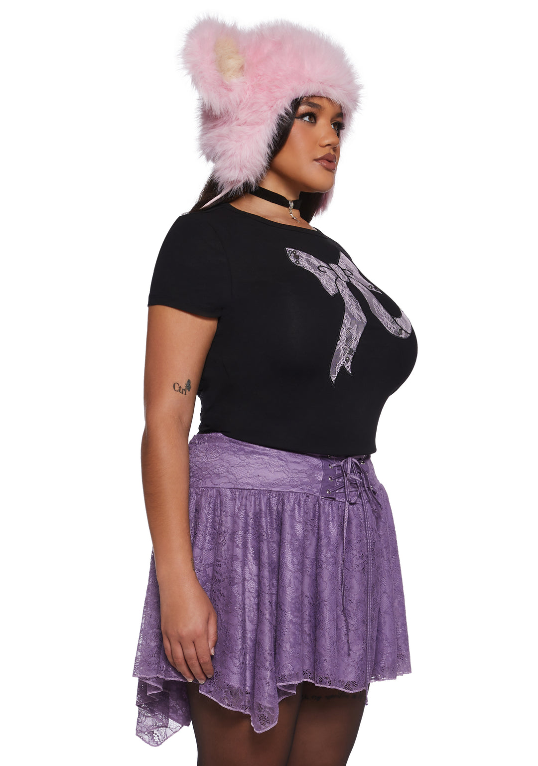 Plus Size Punquetee Punk Rock Stretchy Knit Textured Lace Bow Short Sleeve Graphic Print Tee Current Mood - Black - Image 3