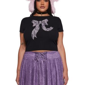 Plus Size Punquetee Punk Rock Stretchy Knit Textured Lace Bow Short Sleeve Graphic Print Tee Current Mood - Black