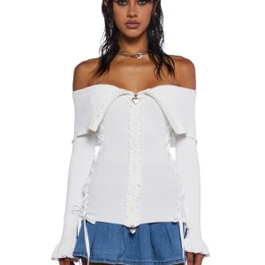 Sugar Thrillz Fold-Over Heart Lace Ribbed Knit Zippered Cardigan - Off White