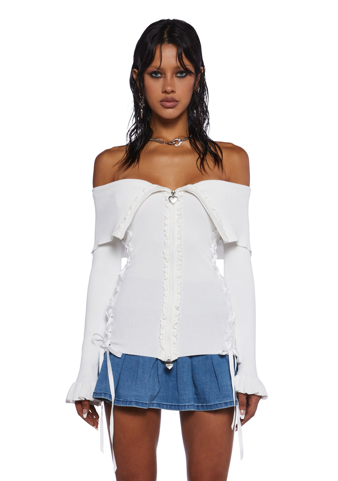 Sugar Thrillz Fold-Over Heart Lace Ribbed Knit Zippered Cardigan - Off White