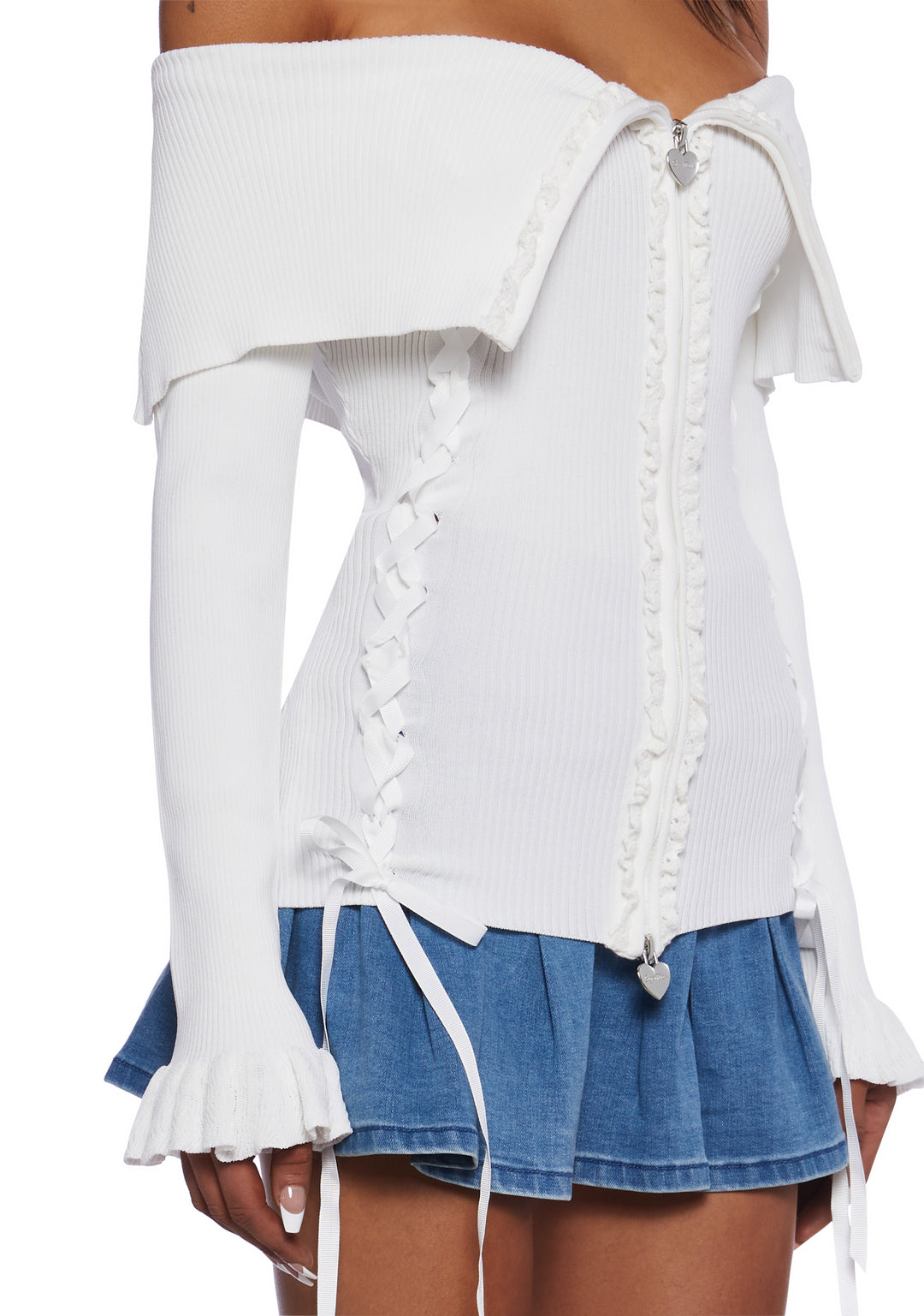 Sugar Thrillz Fold-Over Heart Lace Ribbed Knit Zippered Cardigan - Off White - Image 5