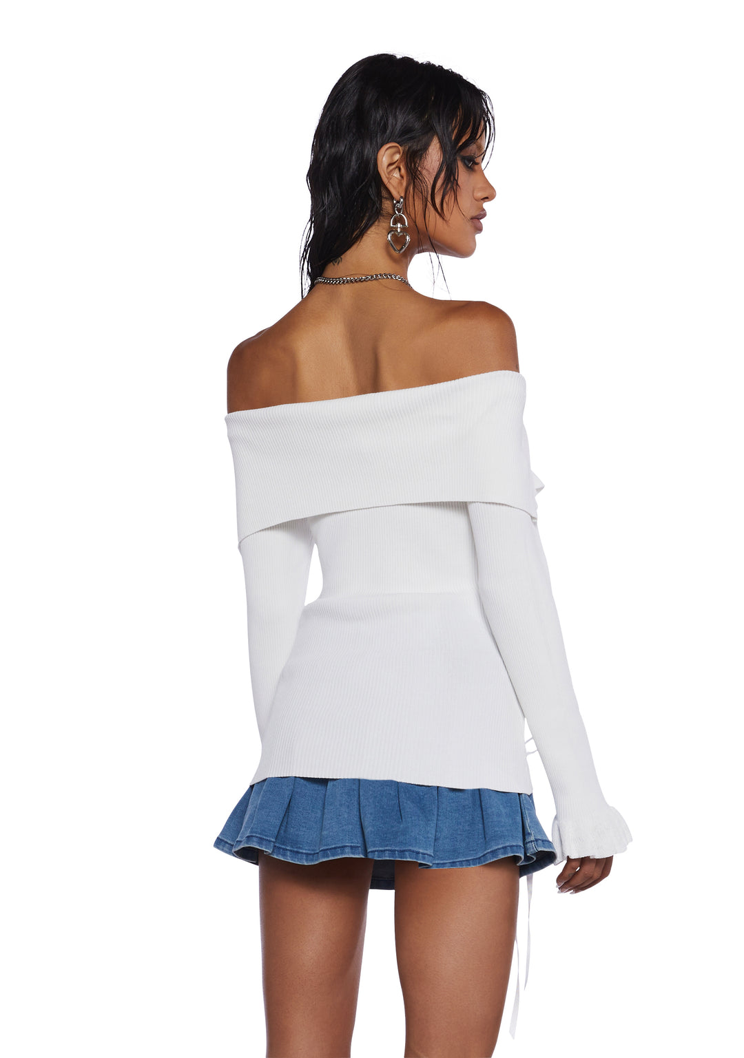 Sugar Thrillz Fold-Over Heart Lace Ribbed Knit Zippered Cardigan - Off White - Image 4