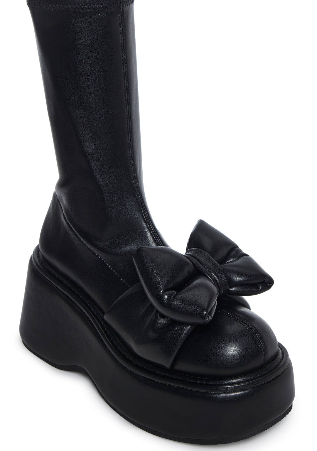 Sugar Thrillz Stretch Vegan Leather Bow Platform Booties - Black - Image 2