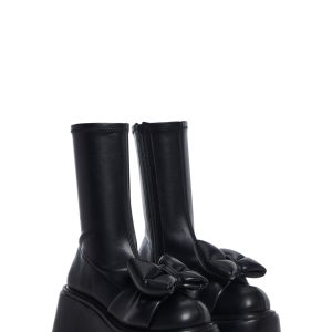 Sugar Thrillz Stretch Vegan Leather Bow Platform Booties - Black