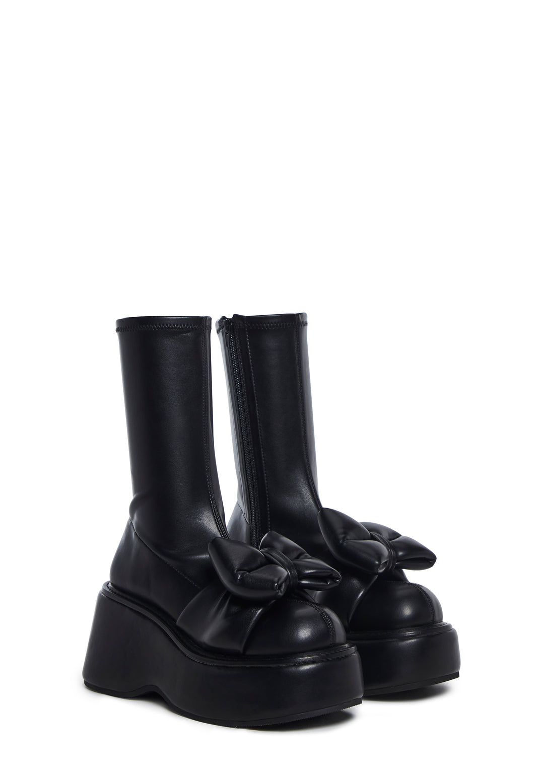 Sugar Thrillz Stretch Vegan Leather Bow Platform Booties - Black