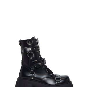 Club Exx Techno Bondage Vegan Leather Buckled D-Ring Combat Boots - Black