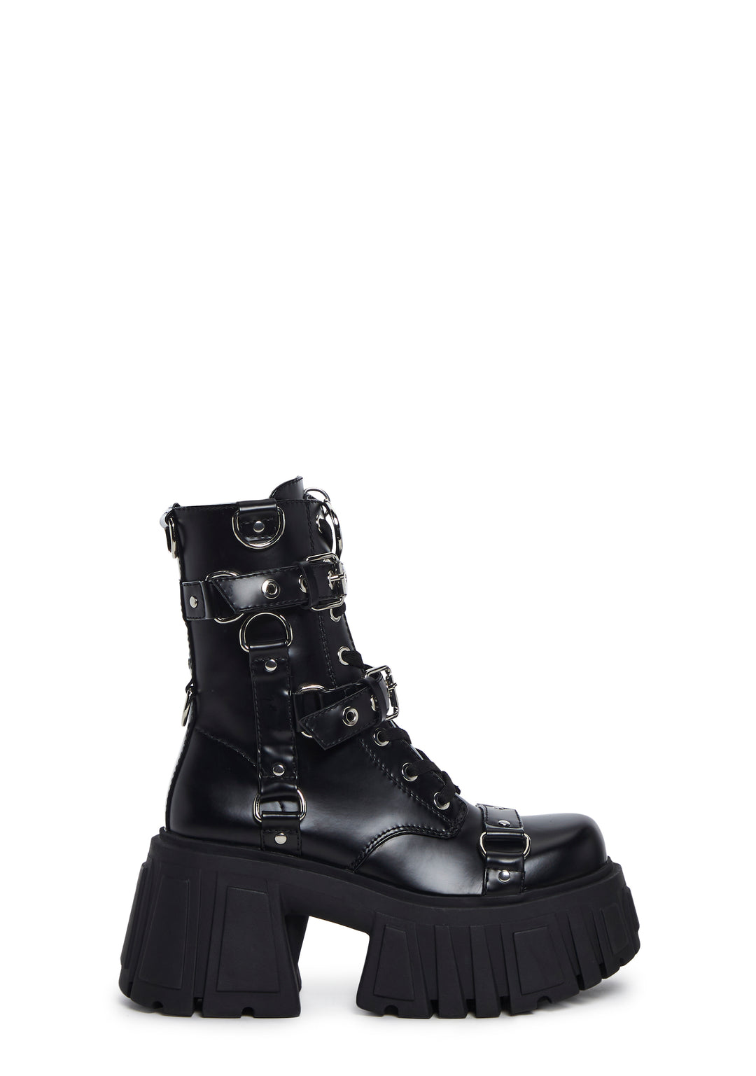 Club Exx Techno Bondage Vegan Leather Buckled D-Ring Combat Boots - Black