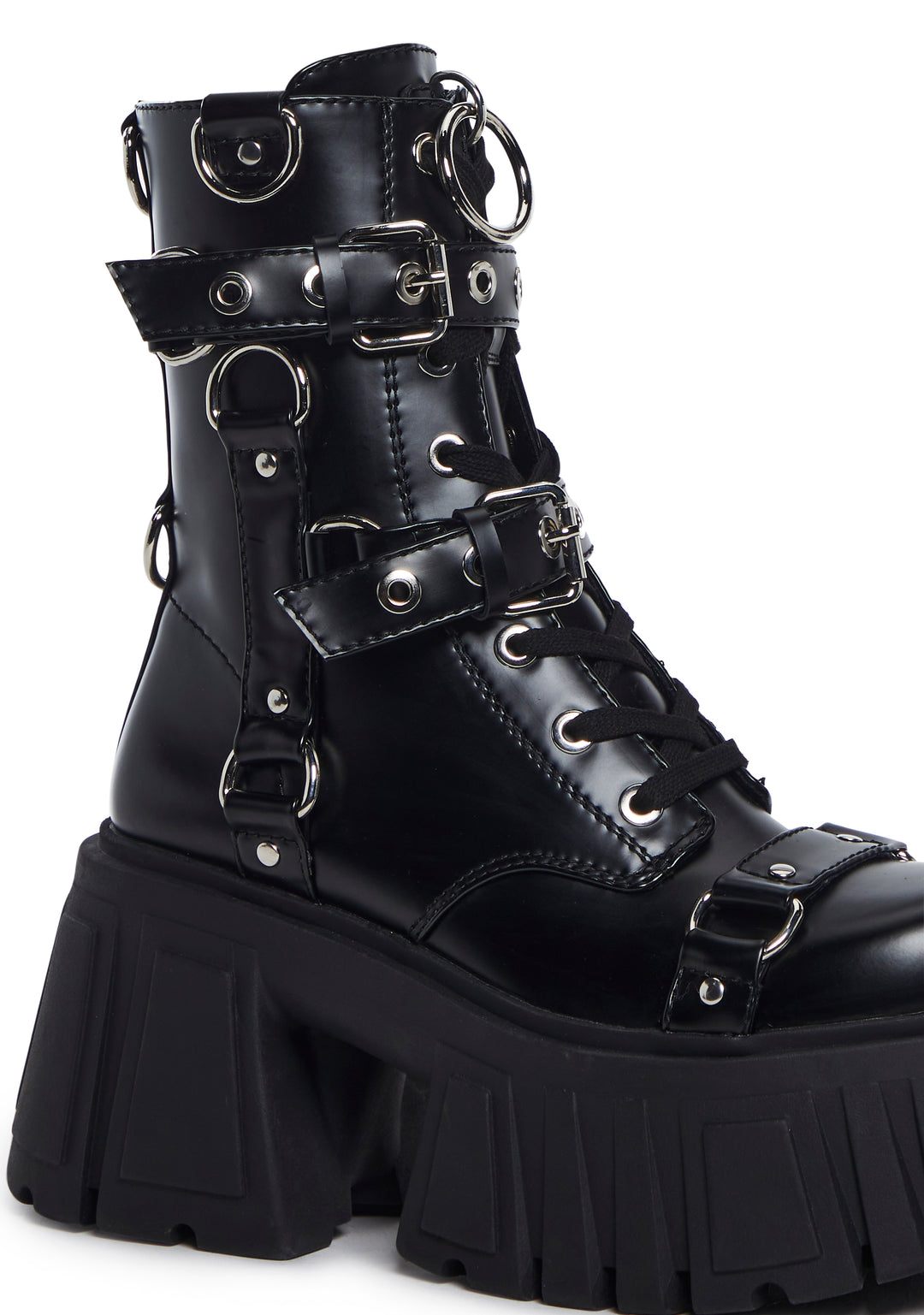 Club Exx Techno Bondage Vegan Leather Buckled D-Ring Combat Boots - Black - Image 2