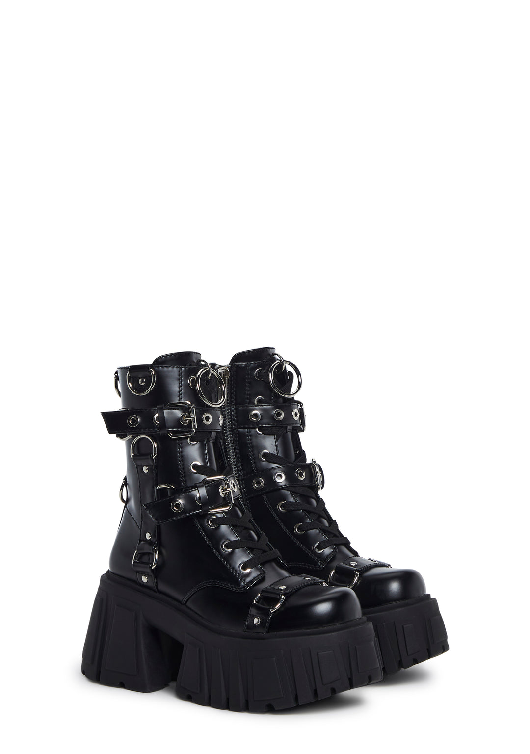 Club Exx Techno Bondage Vegan Leather Buckled D-Ring Combat Boots - Black - Image 3