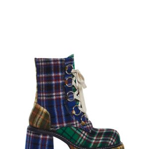 Current Mood Patchwork Plaid Platform Boots With Side Zip And Front Ties - Multi