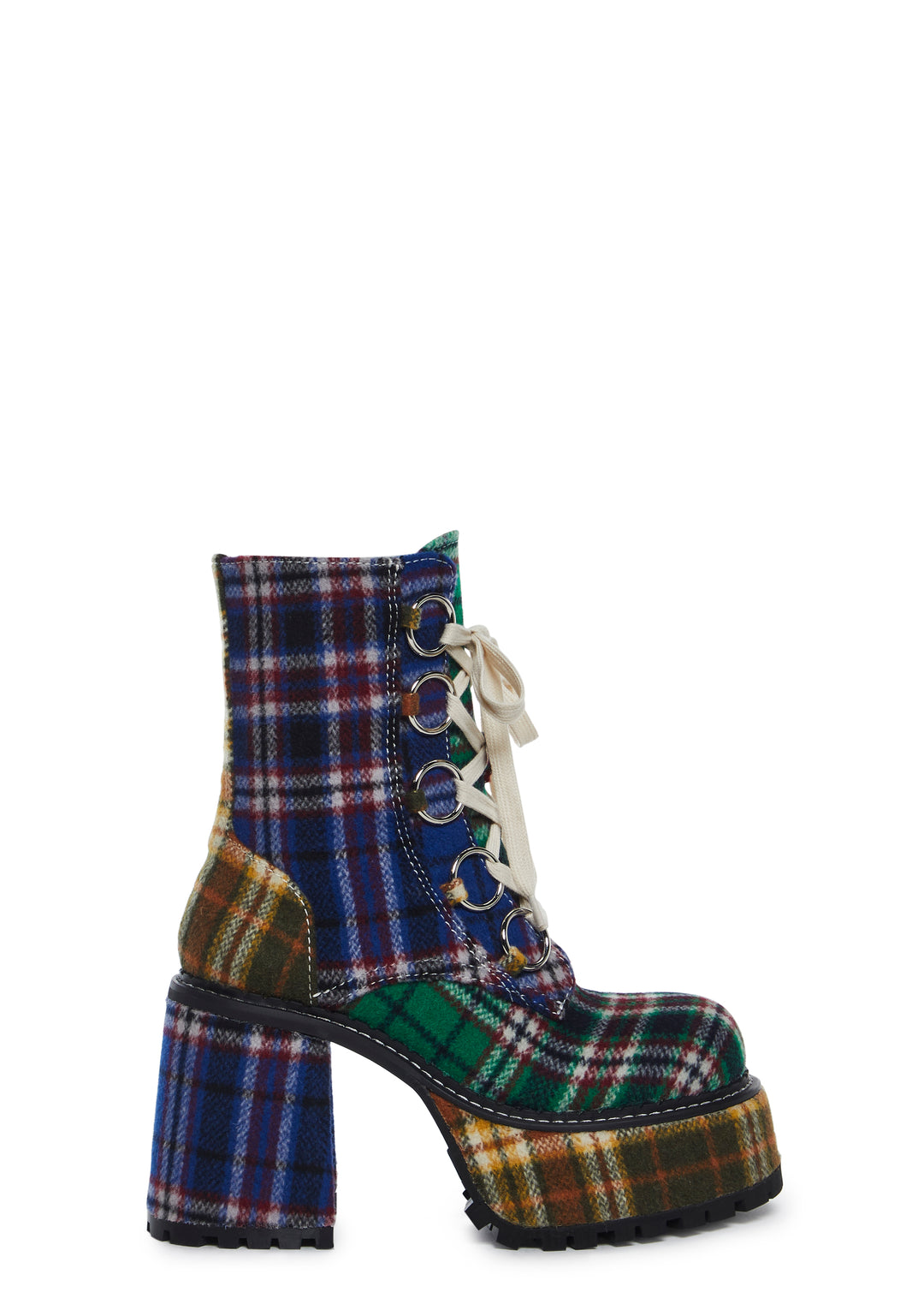 Current Mood Patchwork Plaid Platform Boots With Side Zip And Front Ties - Multi
