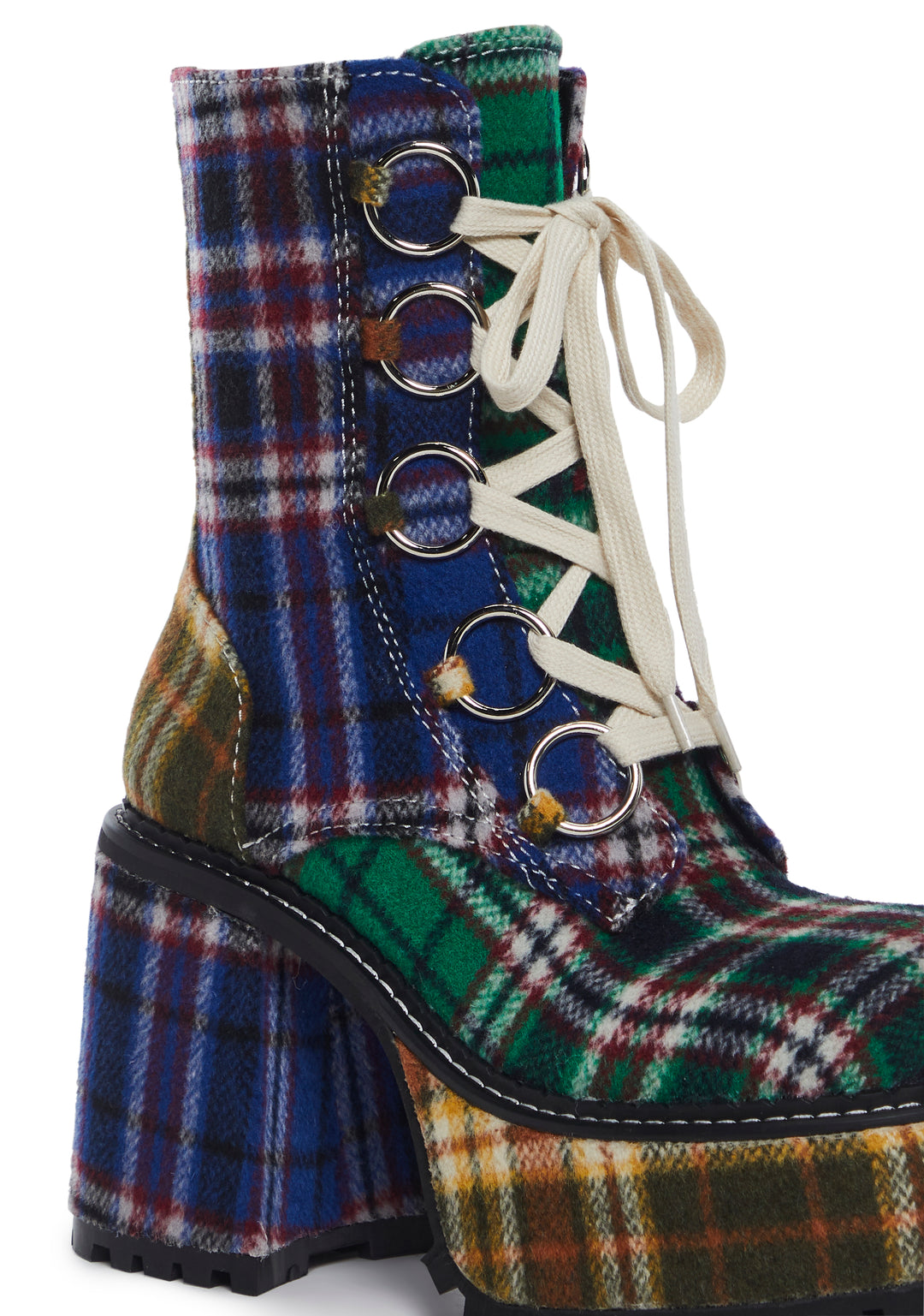 Current Mood Patchwork Plaid Platform Boots With Side Zip And Front Ties - Multi - Image 2