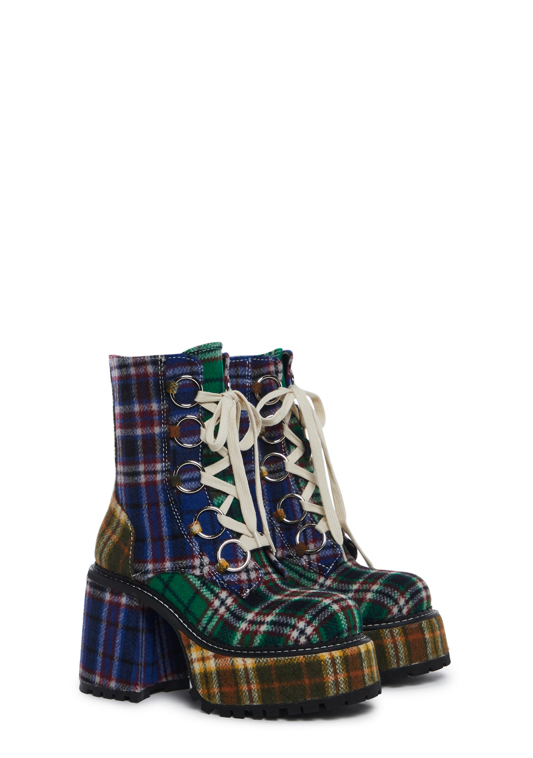 Current Mood Patchwork Plaid Platform Boots With Side Zip And Front Ties - Multi - Image 3