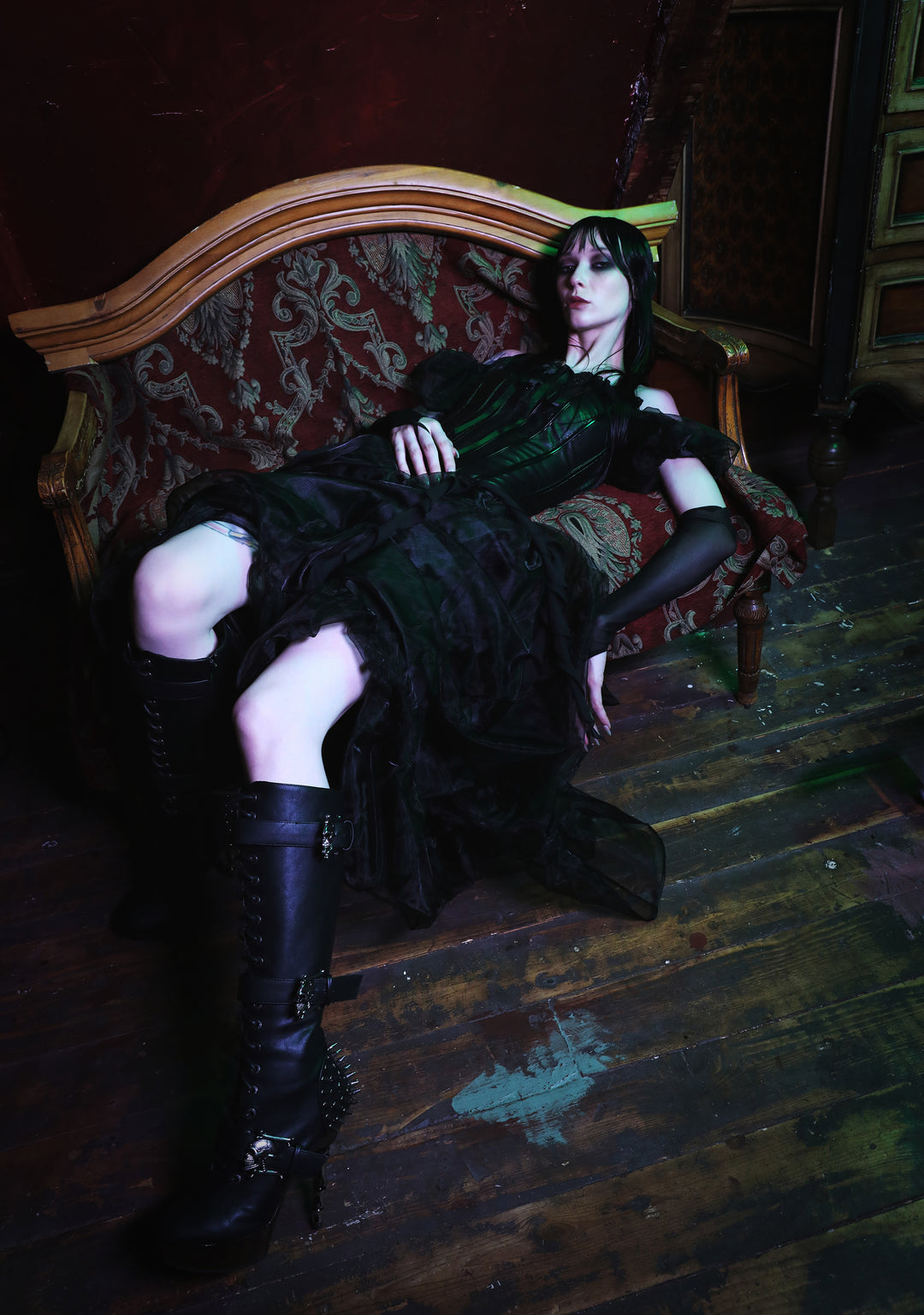 Dolls Kill X Beetlejuice Beetlejuice Movie Delores Ghost Vegan Leather Tulle Corset Maxi Dress - Black - Image 7