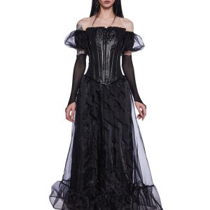 Dolls Kill X Beetlejuice Beetlejuice Movie Delores Ghost Vegan Leather Tulle Corset Maxi Dress - Black