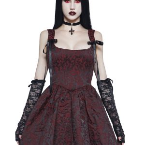 Widow Brocade Lace Up Mini Dress - Red