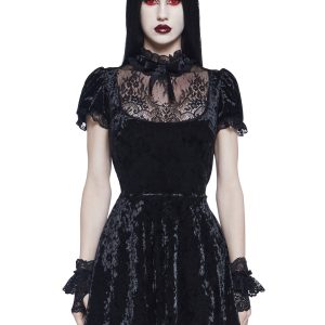 Widow Vampire Goth Velvet Sheer Floral Lace Ribbon Bow Babydoll Mini Dress - Black