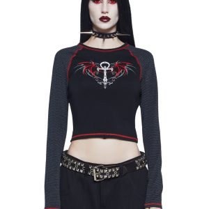 Widow Vampire Goth Stretchy Knit Ankh Bat Wing Graphic Print Striped Long Sleeve Top - Multi