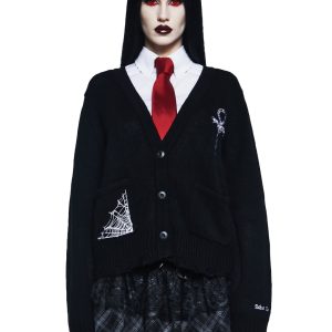 Widow Vampire Goth Acrylic Knit Batwing Spider Web Ankh Embroidered Knit Cardigan - Black