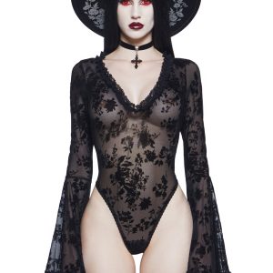 Widow Mesh Bodysuit With Flocked Floral Designs - Black