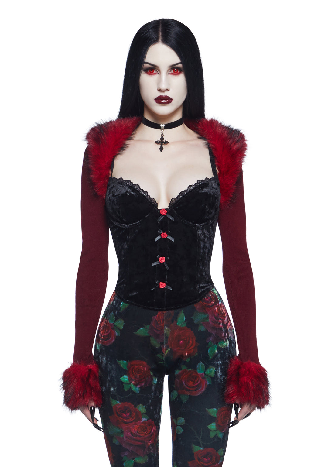 Widow Vampire Goth Stretchy Knit Faux Fur Trim Shrug - Dark Red
