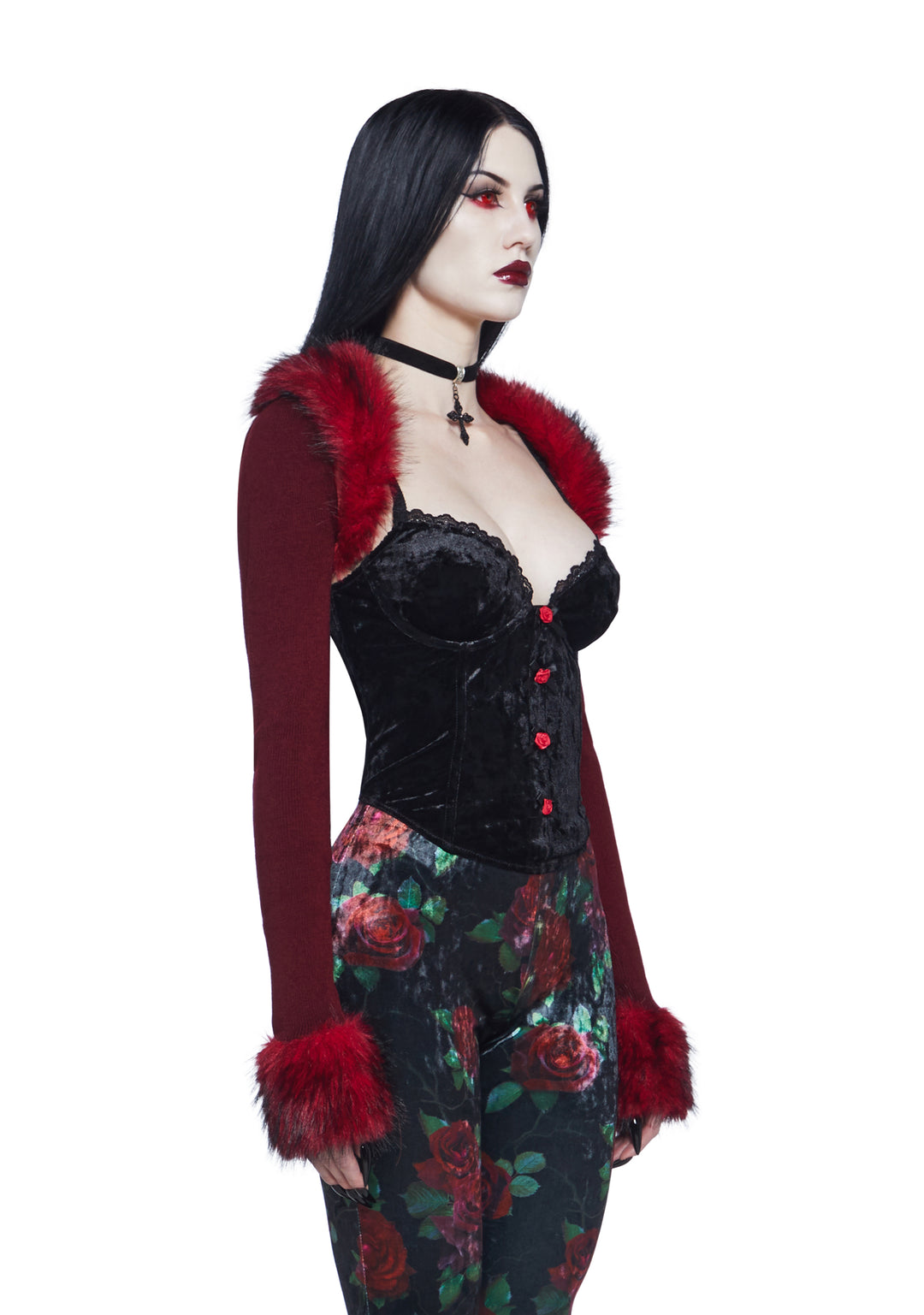 Widow Vampire Goth Stretchy Knit Faux Fur Trim Shrug - Dark Red - Image 3