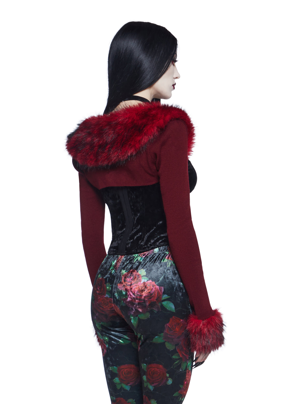 Widow Vampire Goth Stretchy Knit Faux Fur Trim Shrug - Dark Red - Image 4