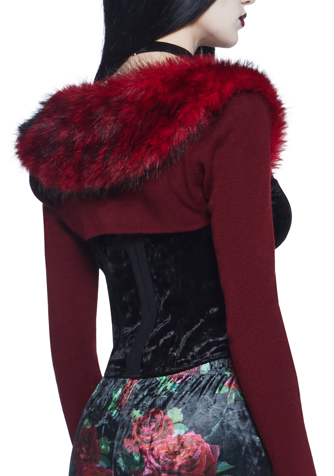 Widow Vampire Goth Stretchy Knit Faux Fur Trim Shrug - Dark Red - Image 5