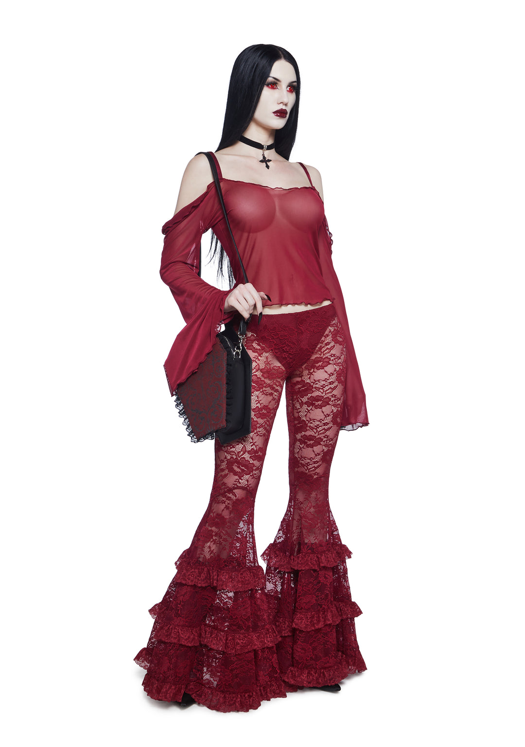 Widow Vampire Goth Sheer Chiffon Mesh Open Shoulder Long Bell Sleeve Top - Red - Image 2