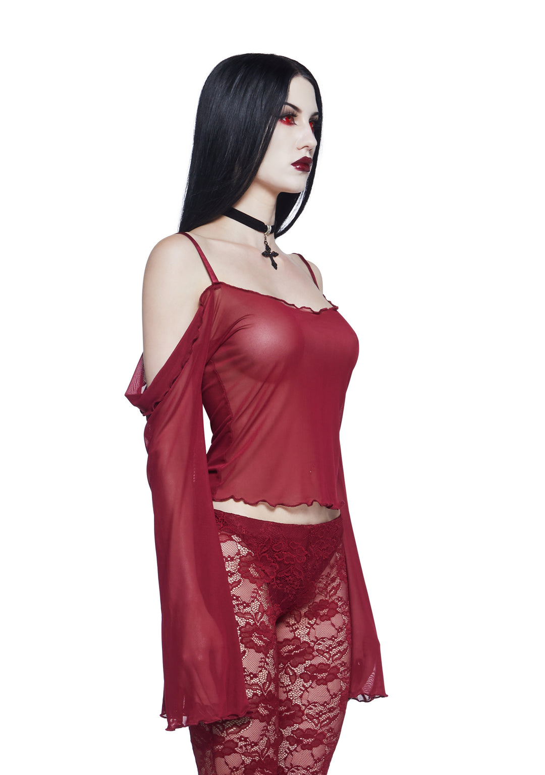 Widow Vampire Goth Sheer Chiffon Mesh Open Shoulder Long Bell Sleeve Top - Red - Image 3