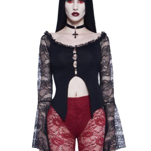Widow Front Button Lace Bell Sleeve Top - Black