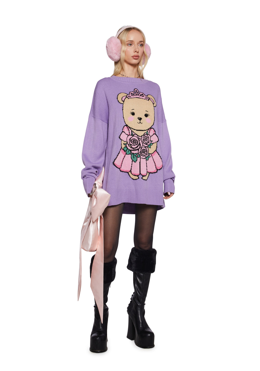Teddy Bear Princess Intarsia Acrylic Knit Oversized Sweater Sugar Thrillz - Purple - Image 5