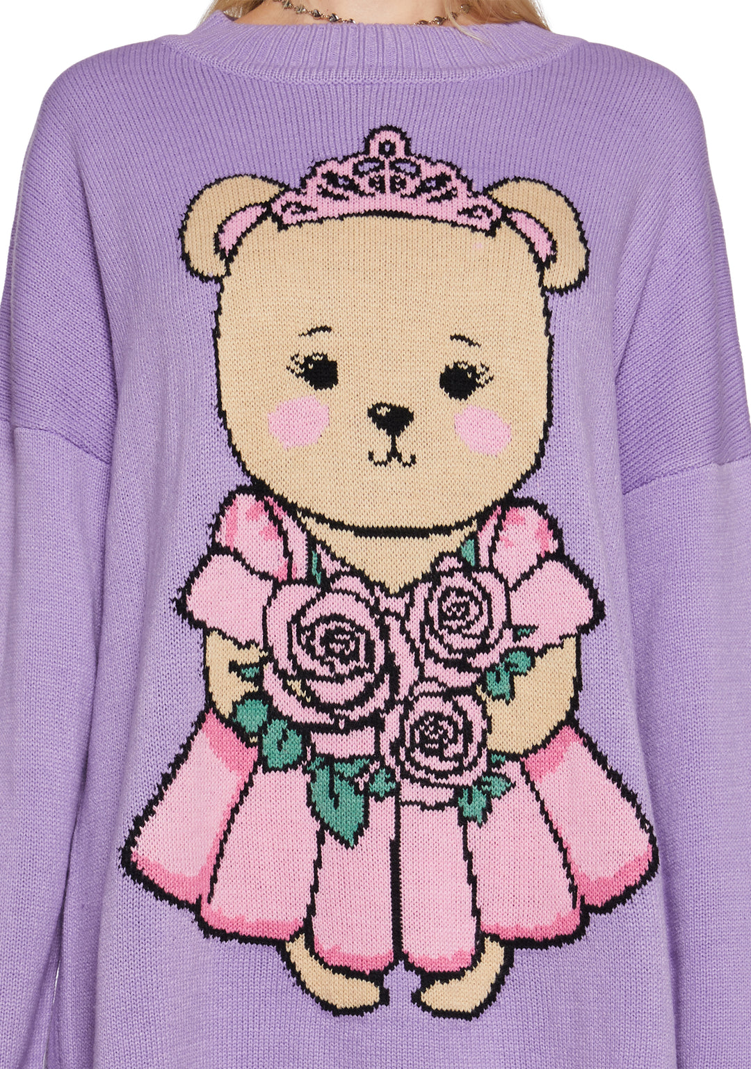Teddy Bear Princess Intarsia Acrylic Knit Oversized Sweater Sugar Thrillz - Purple - Image 6