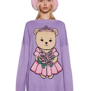 Teddy Bear Princess Intarsia Acrylic Knit Oversized Sweater Sugar Thrillz - Purple
