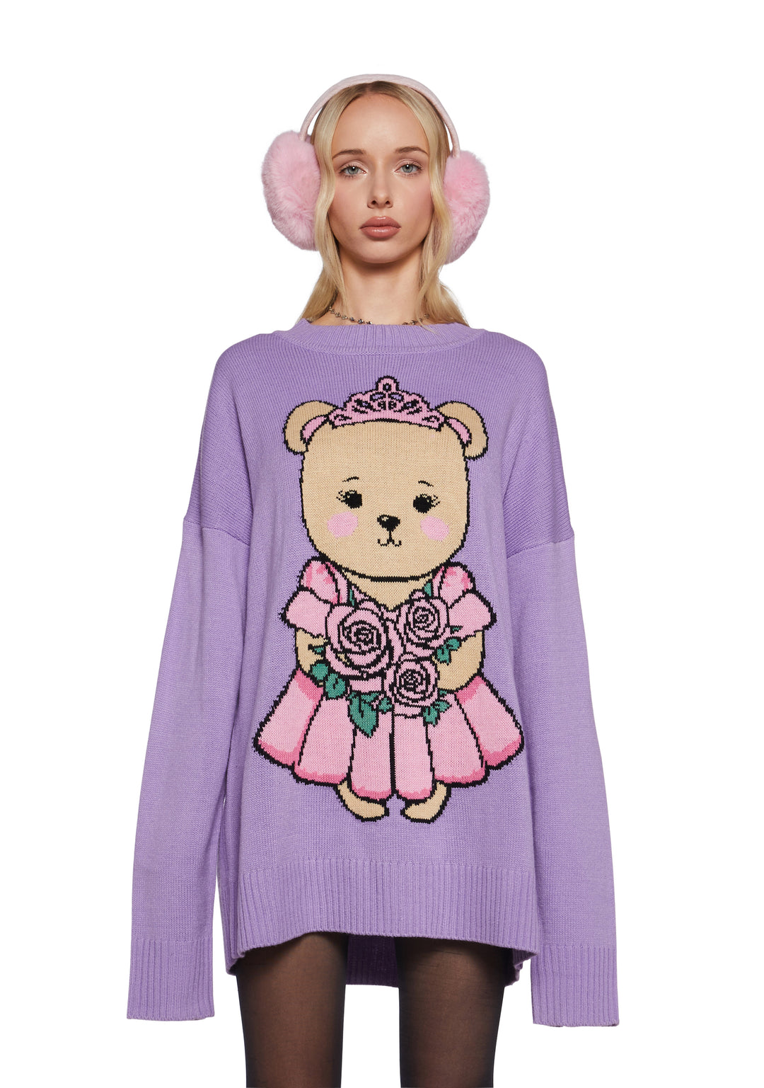 Teddy Bear Princess Intarsia Acrylic Knit Oversized Sweater Sugar Thrillz - Purple