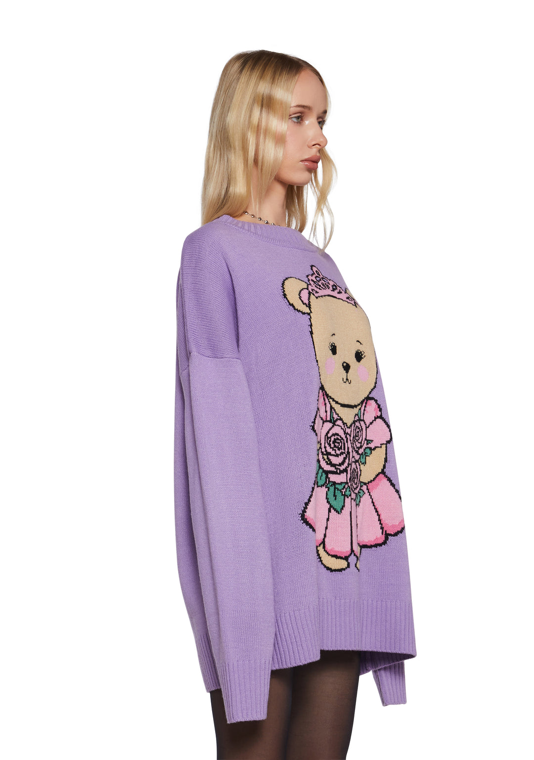 Teddy Bear Princess Intarsia Acrylic Knit Oversized Sweater Sugar Thrillz - Purple - Image 3