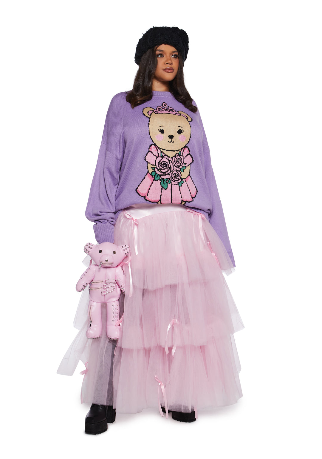 Teddy Bear Princess Intarsia Acrylic Knit Oversized Sweater Sugar Thrillz - Purple - Image 7