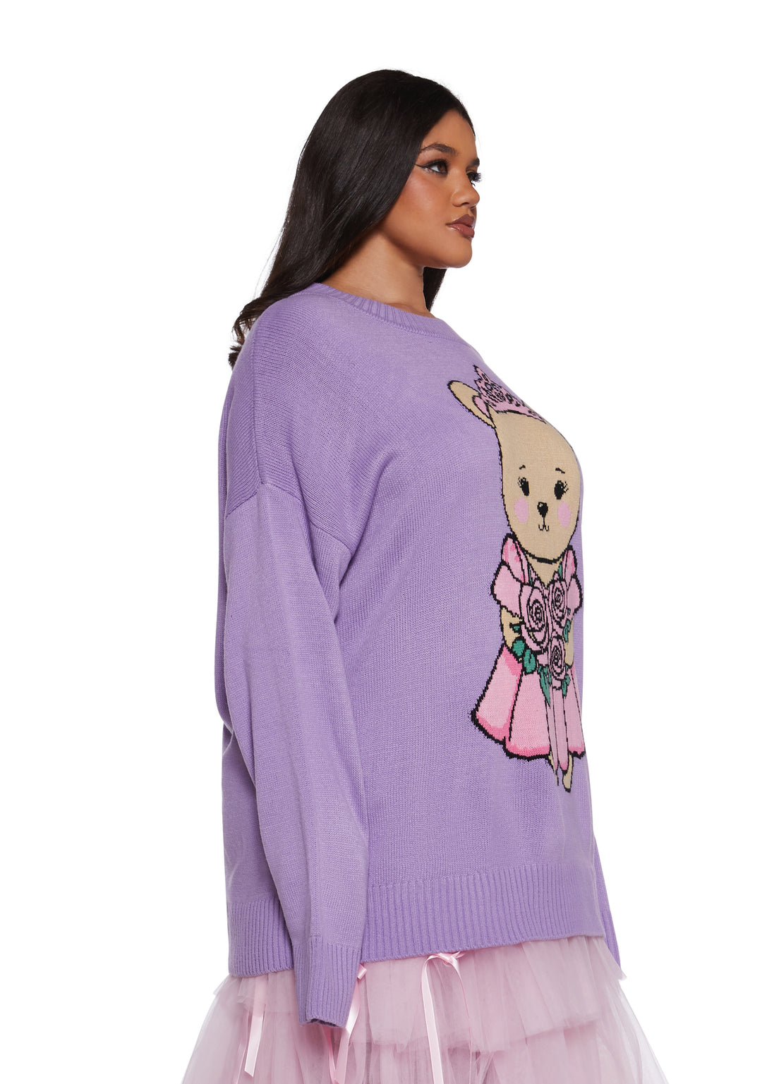 Teddy Bear Princess Intarsia Acrylic Knit Oversized Sweater Sugar Thrillz - Purple - Image 8